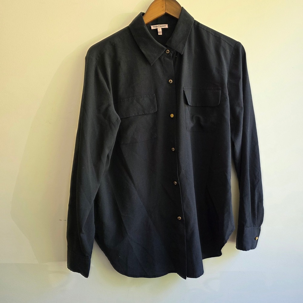 Juicy Couture Black Button Up Shirt Gold Buttons Preppy Quiet Luxury Size 6